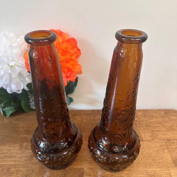 Vintage MCM Amber Glass Genie Bottles Pair Portugal Embossed Floral Decanter Vas - Picture 2 of 7